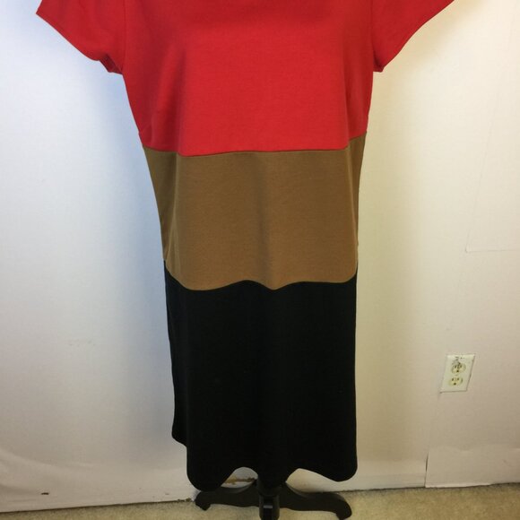 Ann Taylor Loft Dress Sz 16 Womans Red Black Brown Knit Colorblock Short Sleeve - Picture 10 of 12